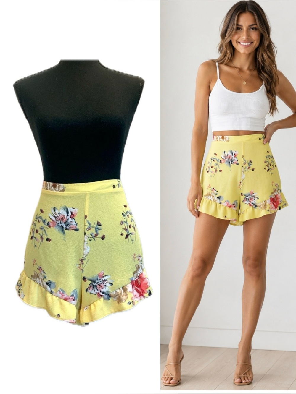 Love Tree Yellow Floral Ruffle Hem High-Waisted Shorts Size Medium